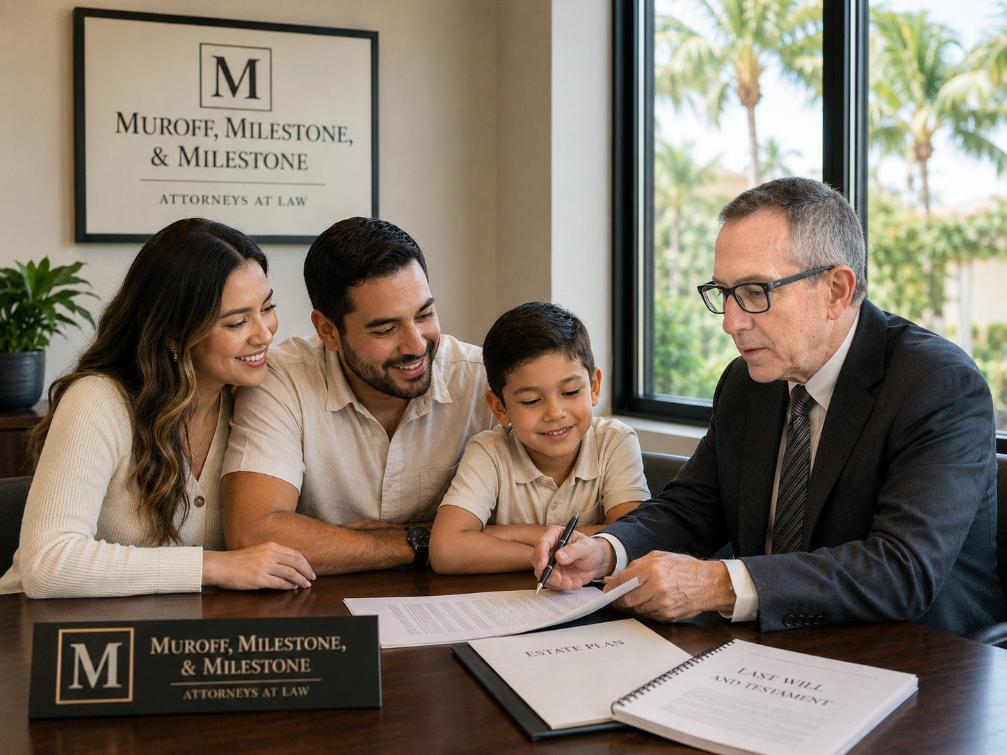 Family reviewing estate planning documents with attorney at Muroff, Milestone & Milestone